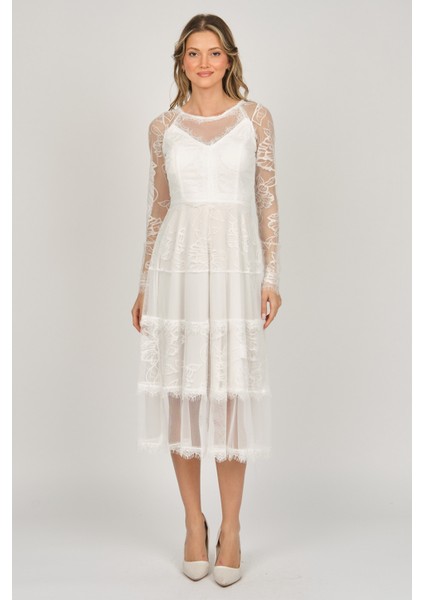 Kadın Uzun Kollu Tül Abiye Elbise 5271146 Ekru