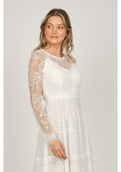 Kadın Uzun Kollu Tül Abiye Elbise 5271146 Ekru fiyatları