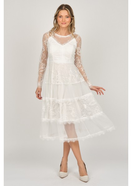 Kadın Uzun Kollu Tül Abiye Elbise 5271146 Ekru modelleri