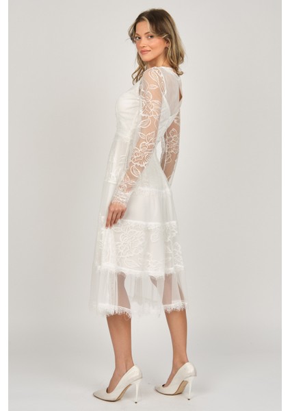 Kadın Uzun Kollu Tül Abiye Elbise 5271146 Ekru fırsatları