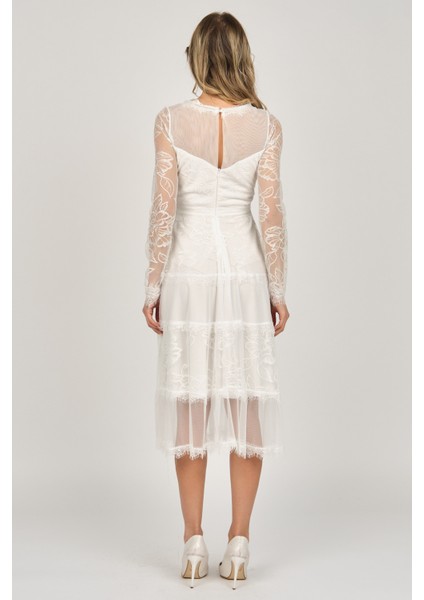 Kadın Uzun Kollu Tül Abiye Elbise 5271146 Ekru indirimleri