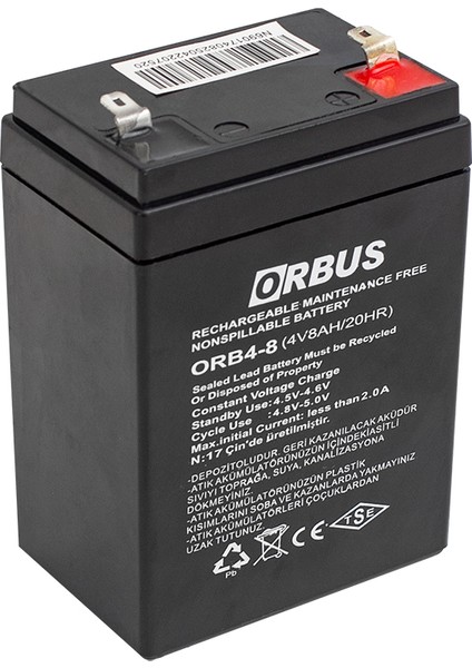 Akü 4 Volt 8 Amper Orbus Orb4-8  (68 x 45 x 95 Mm)