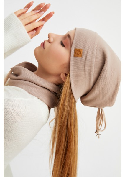 Sütlü Kahve Kadın Pamuklu Kaşkorse, Terletmez, Ultra Hafif ve Yumuşak Bere Boyunluk Takım