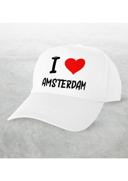 Gift I Love Amsterdam Tasarımlı Beyaz Şapka - Model 1