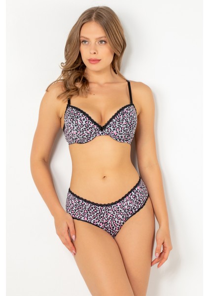 Push-Up Dolgulu Leopar Desenli Viskon Sütyen Takım