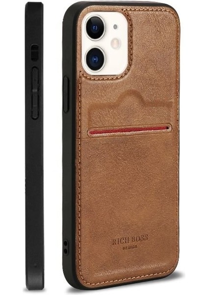 Apple iPhone 12 Kartlıklı Rich Boss Lüx Deri Kılıf Açık Kahve
