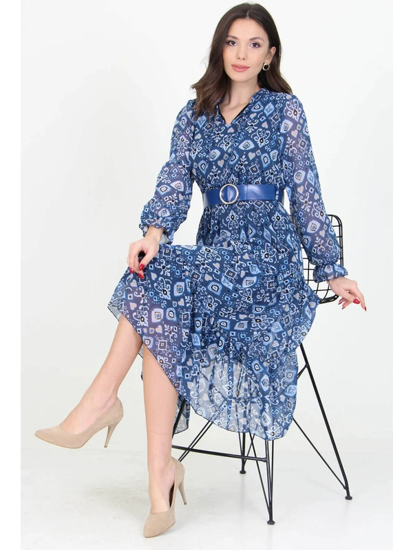 Neşeli Butik Kadın Kemerli Yakası Bağlama Detaylı Desenli Şifon Elbise RSSN02