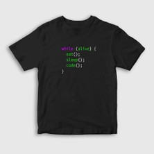 Presmono Unisex Çocuk Siyah Eat Sleep Code Repeat Developer Yazılımcı T-Shirt