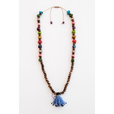 Lila Rosa Ahşap Boncuklu Doğal Taşlı Otantik Kolye