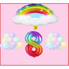 Best Parti Bulutlu Gökkuşağı Temalı Makaron Balon 8 Yaş Doğum Günü Parti Seti