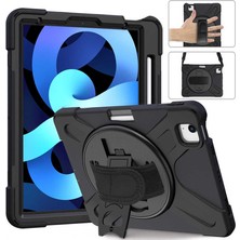 Case 4U Apple iPad Air 10.9 2022 (5.Nesil) Çift Katmanlı Darbeye Dayanıklı Stand Olabilen Askılı Defender Tablet Kılıf Siyah