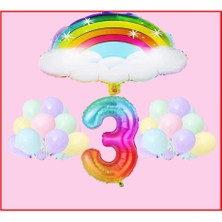 Bal10 Dünyası Bulutlu Gökkuşağı Temalı Makaron Balon 3 Yaş Doğum Günü Parti Seti