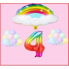 Bal10 Dünyası Bulutlu Gökkuşağı Temalı Makaron Balon 4 Yaş Doğum Günü Parti Seti