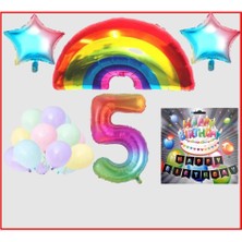 Best Parti Gökkuşağı Yıldız Makaron Balon Banner Temalı 5 Yaş Doğum Günü Parti Seti