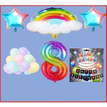 Best Parti Bulutlu Gökkuşağı Yıldız Makaron Balon Banner Temalı 8 Yaş Doğum Günü Parti Seti