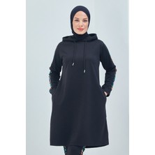 Burcu Tesettür Kamuflaj Şeritli Kapşonlu Eşofman Takımı TRN2050 Siyah