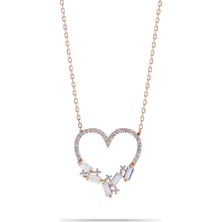 Doğan Silver Doğan Silverkadın Zirkon ve Baget Taşlı Kalpli Rose Gümüş Kolye