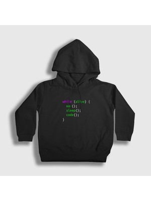 Presmono Unisex Çocuk Siyah Eat Sleep Code Repeat Developer Yazılımcı Kapüşonlu Sweatshirt