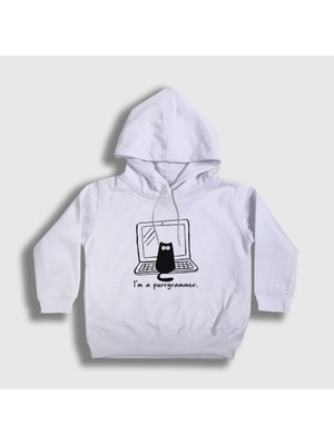 Presmono Unisex Çocuk Beyaz Cat Purrgrammer Developer Yazılımcı Kapüşonlu Sweatshirt