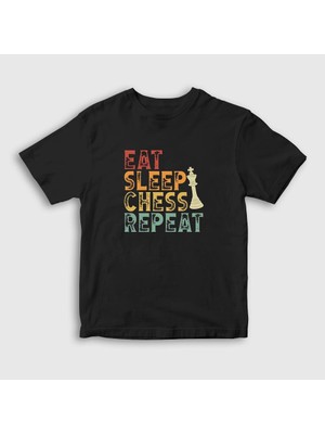 Presmono Unisex Çocuk Siyah Eat Sleep Chess Repeat Satranç T-Shirt