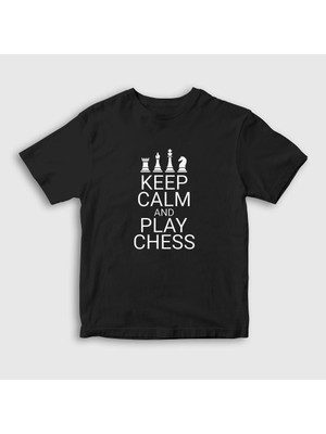 Presmono Unisex Çocuk Siyah Keep Calm And Play Chess Satranç T-Shirt