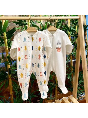 Renkli Puset 2'li Penye Fermuarlı Bebek Tulum Ağaç Geyik