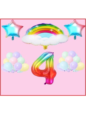 Best Parti Bulutlu Gökkuşağı Yıldız Temalı Makaron Balon 4 Yaş Doğum Günü Parti Seti