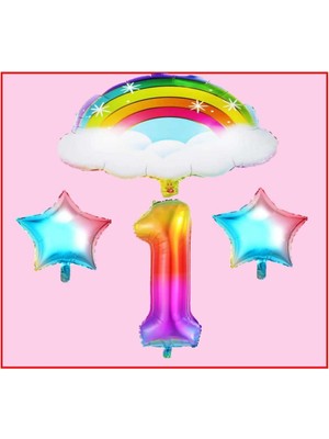 Bal10 Dünyası Bulutlu Gökkuşağı Yıldız Temalı 1 Yaş Doğum Günü Parti Seti