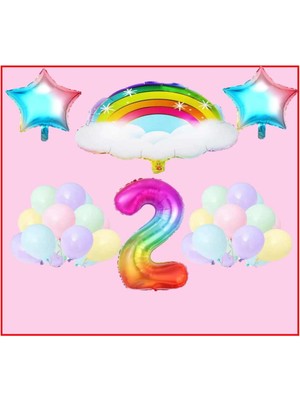 Bal10 Dünyası Bulutlu Gökkuşağı Yıldız Temalı Makaron Balon 2 Yaş Doğum Günü Parti Seti