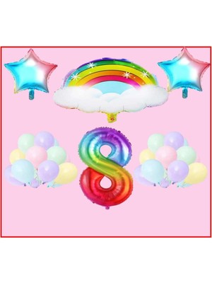 Bal10 Dünyası Bulutlu Gökkuşağı Yıldız Temalı Makaron Balon 8 Yaş Doğum Günü Parti Seti