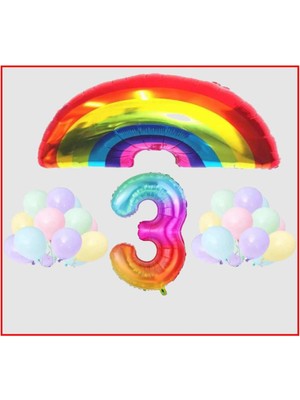 Bal10 Dünyası Gökkuşağı Temalı Makaron Balon 3 Yaş Doğum Günü Parti Seti
