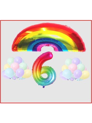 Bal10 Dünyası Gökkuşağı Temalı Makaron Balon 6 Yaş Doğum Günü Parti Seti
