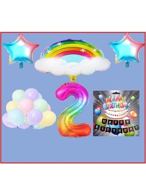 Bal10 Dünyası Bulutlu Gökkuşağı Yıldız Makaron Balon Banner Temalı 2 Yaş Doğum Günü Parti Seti