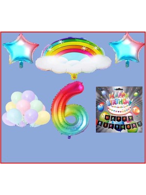 Bal10 Dünyası Bulutlu Gökkuşağı Yıldız Makaron Balon Banner Temalı 6 Yaş Doğum Günü Parti Seti