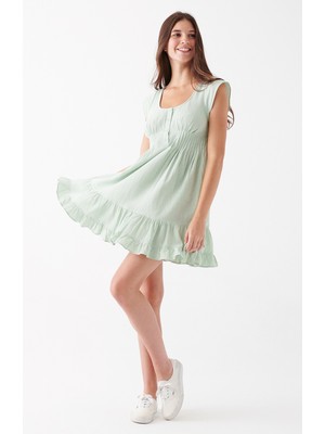 Mavi Kadın Büzgü Detaylı Su Yeşili Elbise 1310152-71687