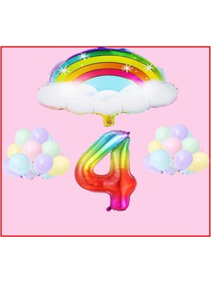 Best Parti Bulutlu Gökkuşağı Temalı Makaron Balon 4 Yaş Doğum Günü Parti Seti