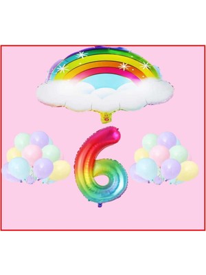 Best Parti Bulutlu Gökkuşağı Temalı Makaron Balon 6 Yaş Doğum Günü Parti Seti