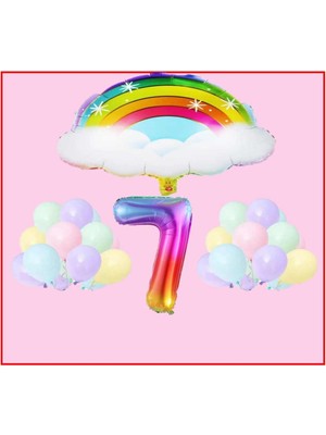 Best Parti Bulutlu Gökkuşağı Temalı Makaron Balon 7 Yaş Doğum Günü Parti Seti