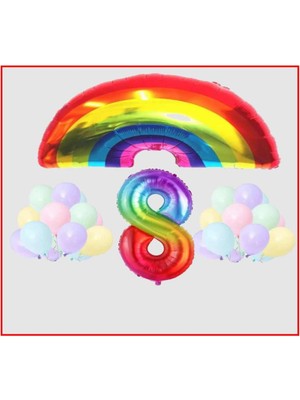 Best Parti Gökkuşağı Temalı Makaron Balon 8 Yaş Doğum Günü Parti Seti
