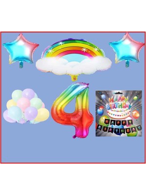 Best Parti Bulutlu Gökkuşağı Yıldız Makaron Balon Banner Temalı 4 Yaş Doğum Günü Parti Seti