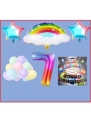 Best Parti Bulutlu Gökkuşağı Yıldız Makaron Balon Banner Temalı 7 Yaş Doğum Günü Parti Seti
