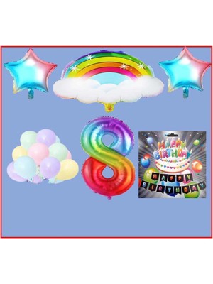 Best Parti Bulutlu Gökkuşağı Yıldız Makaron Balon Banner Temalı 8 Yaş Doğum Günü Parti Seti