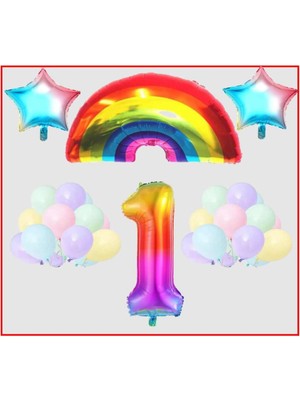 Bal10 Dünyası Gökkuşağı Yıldız Temalı Makaron Balon 1 Yaş Doğum Günü Parti Seti
