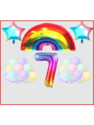 Bal10 Dünyası Gökkuşağı Yıldız Temalı Makaron Balon 7 Yaş Doğum Günü Parti Seti