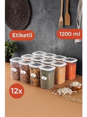 Vienev Etiketli Kare Erzak Saklama Kabı 12'li Set 1,2 Litre Beyaz Mikrodalgada Kullanılabilir