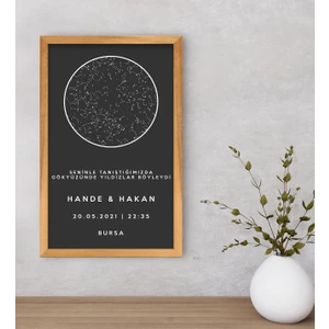 Bk Gift Kişiye Özel Gökyüzü Yıldız Haritası Retro Ahşap Çerçeveli Tablo 40 x 25 cm
