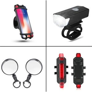4 In 1 Bisiklet Scooter Aksesuarı Seti - Bisiklet Telefon Tutucu - Ön Işığı - Arka Ikaz Lambası - 2 Adet Dikiz Aynası