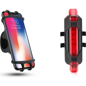 360° Bisiklet Scooter Telefon Tutucu ve 4 Modlu Sarjlı Arka Stop Uyarı Ikaz Işığı Lambası