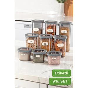 Etiketli Kare Erzak Saklama Kabı 9'lu Set 3x(0,55 Litre, 1,2 Litre, 1,75 Litre) Antrasit