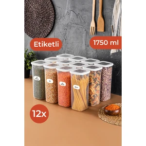 Etiketli Kare Erzak Saklama Kabı 12'li Set Büyük Boy 1,75 Litre Beyaz